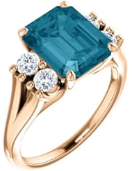 18K Rose Gold 10.00x8.00mm Emerald Cut London Blue Topaz and Diamond Ring -- LIFETIME WARRANTY