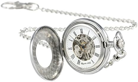 Regent Hills Silver Stainless Steel Mechanical Half Hunter Skeleton Pocket Watch With Chain 56976S-W2