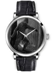 SPRAWL Aanalog Fashion Series Silver Ladies Watches of Genuine Black Leather Strap,Unique Wrist Watch for Women Girls Designed with Gorilla in the forest