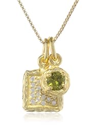 Sterling Silver with Yellow Gold Flashed Cubic Zirconia Pave Square Charm and Olivine Cubic Zirconia Charm Pendant Necklace, 18"
