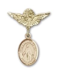 14K Gold Baby Badge with Our Lady of Peace Charm and Angel with Wings Badge Pin