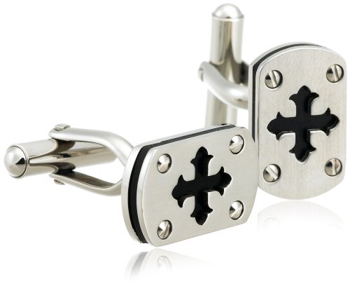 Stainless Steel Cuff Link w/ Cutout Cross and Rubber Detail