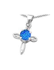 Original Star K (tm) Round Created Blue Opal Cross Pendant in 925 Sterling Silver