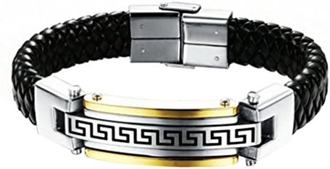 Tingem Mens Retro Genuine Leather Stainless Steel Braided Bangle Wrist Bracelet (Gold)