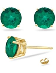 3.50 Cts of 8 mm AAA Round Russian Lab Created Emerald Stud Earrings in 14K Yellow Gold