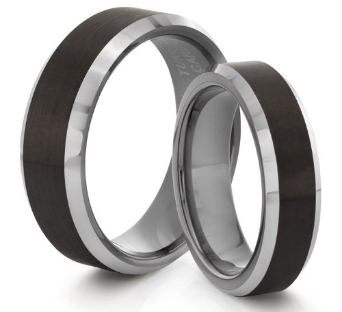 His & Her's 8MM/6MM Tungsten Carbide Black Wedding Band Beveled Ring Set (Available Sizes 4-14 Including Half Sizes)