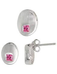 Sterling Silver Matte-finish Oval-shaped Earrings (9mm tall) & Pendant Slide (11mm tall) Set, w/ Princess Cut Pink Tourmaline-colored CZ Stones