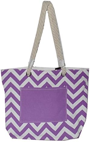 High Fashion Print Beach Tote Bag with Outside Pocket and Rope Handles *Can Be Personalized (Blank, Purple Chevron)