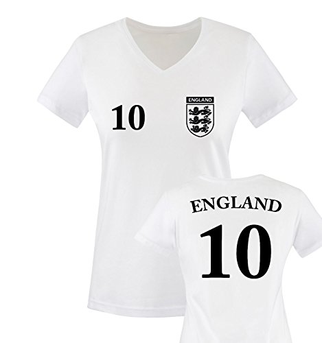 EM 2016 – TRIKOT – EM 2016 – ENGLAND – 10 – Damen V-Neck T-Shirt – Weiss / Schwarz Gr. XL