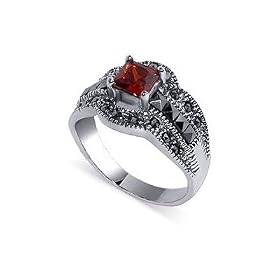 Nickel Free Rhodium Plated Sterling Silver Marcasite Square Shaped Garnet Cubic Zirconia Polish Finished Band Ring Size 5: Jewelry
