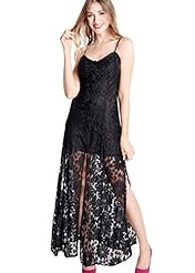 V-neck Strapless Sheer Slit Lace Cotton/Polyester Floral Print Maxi Dress 