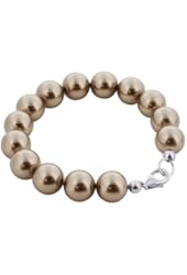 925 Sterling Silver 12mm Bronze Simulated Pearl 8 inch Long Swarovski Elements Crystal Bracelet