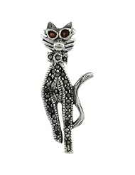 Sterling Silver Marcasite Cool Cat Brooch Pin w/ Round Garnet Stones, 1 7/16 in (36mm) tall