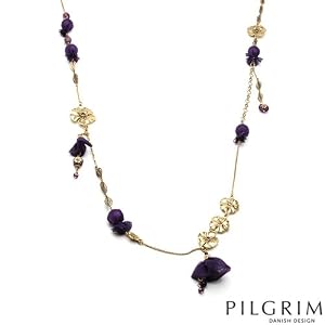 PILGRIM SKANDERBORG, DENMARK Majestic Necklace With Crystals, 4mm Freshwater Pearls and Simulated gems Yellow Base metal, Pink Enamel and Purple . Total item weight 41.6g