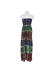 Strapless Tie Dye Print Cotton Empire   Waistline Shirred Crinkled Full-Skirt Maxi Dress 