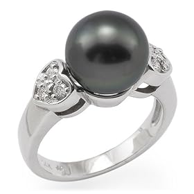 Tahitian Black Pearl Ring with Diamonds in 14K White Gold by
