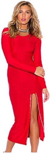 Women Bejeweled High Slit Long Sleeve Maxi Dresses Fashion Clothing Robe Hiver Black