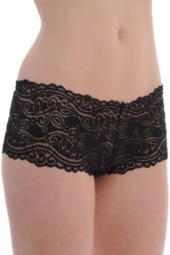 Alluring Black Lace Boy Short Panty with Scalloped Edge Womens Black Cheeky Panty Sizes: Large