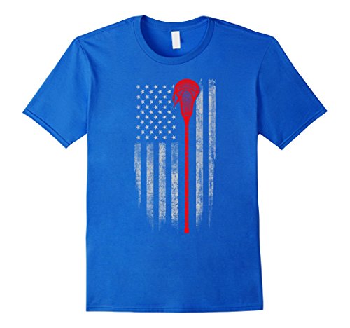 Men's Lacrosse American Flag T-Shirt - Lacrosse Stick Flag T Shirt Small Royal Blue