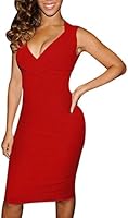 ISASSY Women's Sleeveless Stretchy Jersey Ruched V-Neck Bodycon Dress