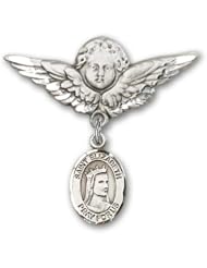 Sterling Silver Baby Badge with St. Elizabeth of Hungary Charm and Angel W/wings Badge Pin. Catholic Saint Elizabeth of Hungary Patron Saint of Bakers, Nursing Services, Falsely Accused