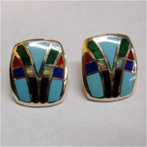 Click here to buy Sterling Silver Earrings with Inlay Turquoise, Coral, Sugilite, Malachite by Al Zuni Global Jewelry.