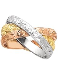 14K Yellow Gold - 3mm Tri-Color Hand Engraved 3-Band Rolling Ring