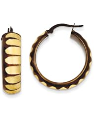 14k Yellow Gold & Chocolate Rhodium 7.5mm Striped Hoop Earrings Metal Wt- 4.21g