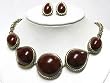 Brown Round Ceramic Marble Stone Metal Casting Necklace Earrings Set