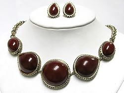 Brown Round Ceramic Marble Stone Metal Casting Necklace Earrings Set