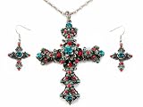 Vintage Like Gothic Flourish Flower Bead Rhinestone Cross Necklace Earring Set