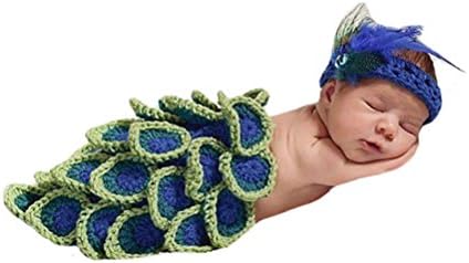 Liange Newborn Baby Photography Prop Crochet Knitted Handmade Peacock Hairband Cape