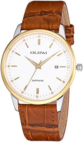 OLIPAI Men's Dress Sapphire Wrist Watches Swiss Quartz With Brown Leather Band
