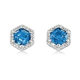 14k White Gold Blue Topaz and Round Diamond Stud Earrings