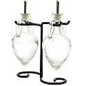 New Olive Oil &Vinegar Colored Kitchen Glass Bottle Set/2, G6 ~ Clear Decorative Amphora Style Liquid Dispenser Bottles with Stainless Spouts & Black Metal Swirl Stand