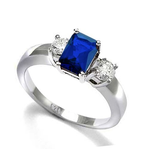 Deal Bling Jewelry Sterling Silver 1.5 ct Emerald Cut Blue Sapphire Color CZ Three Stone Engagement Ring – Size 9 Reviews