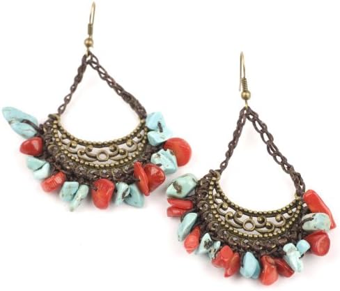 81stgeneration Women's Brass Filigree Simulated Turquoise Simulated Red Coral Bead Dangle Earrings