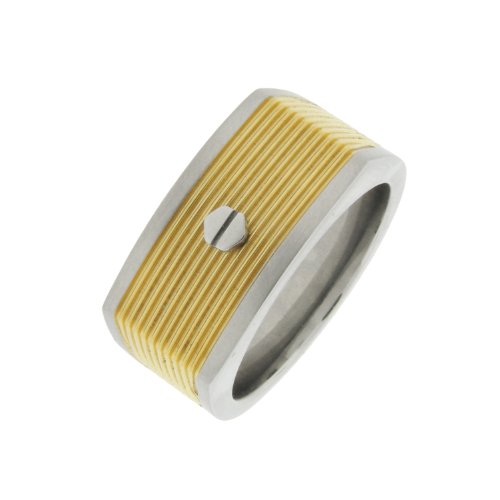 Mens Stainless Steel with Screws and Gold Ion Plating Ring, Size 10