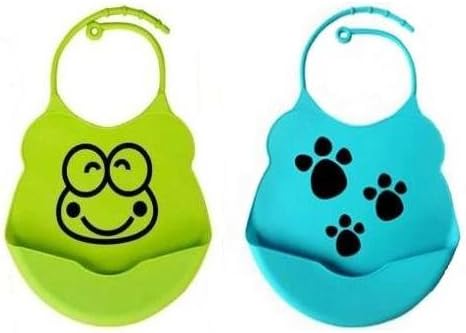 Dyer Soft Baby Bib with Food Catcher (Blue and Green Silicone 2 Bib Set)