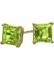 0.75Ct. Genuine 4mm Square Princess Peridot 14 Karat Yellow Gold Stud Earrings for Girls