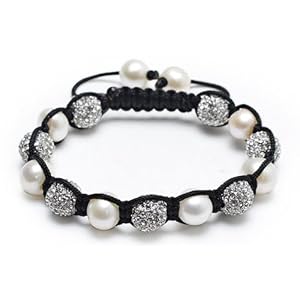 White Pearl Swarovski Clear Crystal Shamballa Inspired Bracelet 12mm