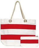 Cotton Canvas Red Striped Zip Purse and Tote Bag with Cotton Rope Handle 21 1/2"x14 1/2"