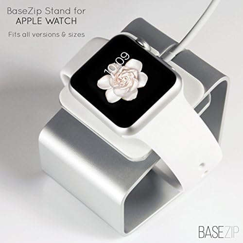 Basezip Stand Aluminum Build Cradle Holds Apple Watch **New** Comfortable Viewing Angle Easy Use Quick Connection for Apple Watch (2015) Fits All Versions &amp; Sizes (38mm &amp; 42mm Apple Watch in Sport, Basic and Edition Models) (Silver)