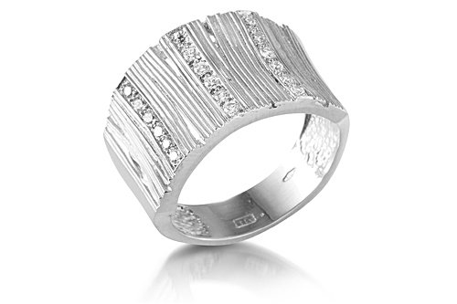 14K White Gold Matte-Finish Hand-Crafted Designer Ring, Enhanced with Pave Set Diamond Bars.
