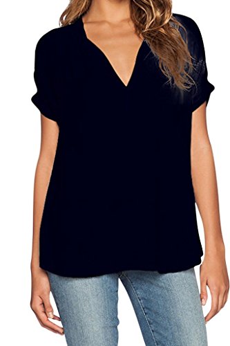 Dearlovers Women Solid V Neck Loose Fitting Chiffon Blouse Top Small Black