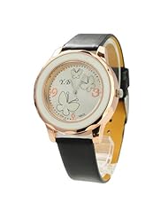 Woman Quartz Watch with PU Leather Band/Round Dial/Stainless Steel Back/Embedded Butterfly Pattern-Black band
