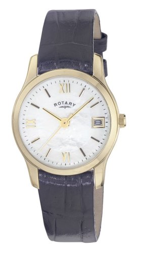 Rotary Ladies Gold Plated Round White Dial Leather Strap Watch