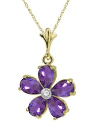 14k Solid Gold 18" Necklace with Amethysts and Diamond Flower Pendant