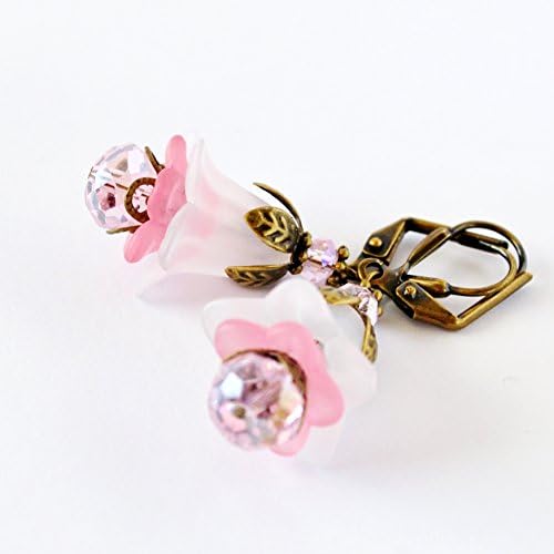 Crystal and Frosted White and Pink Layered Flower Earrings in Antiqued Bronze