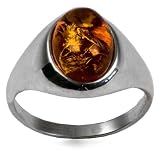 Natural Dark Honey Color Amber Sterling Silver Oval Classic Ring